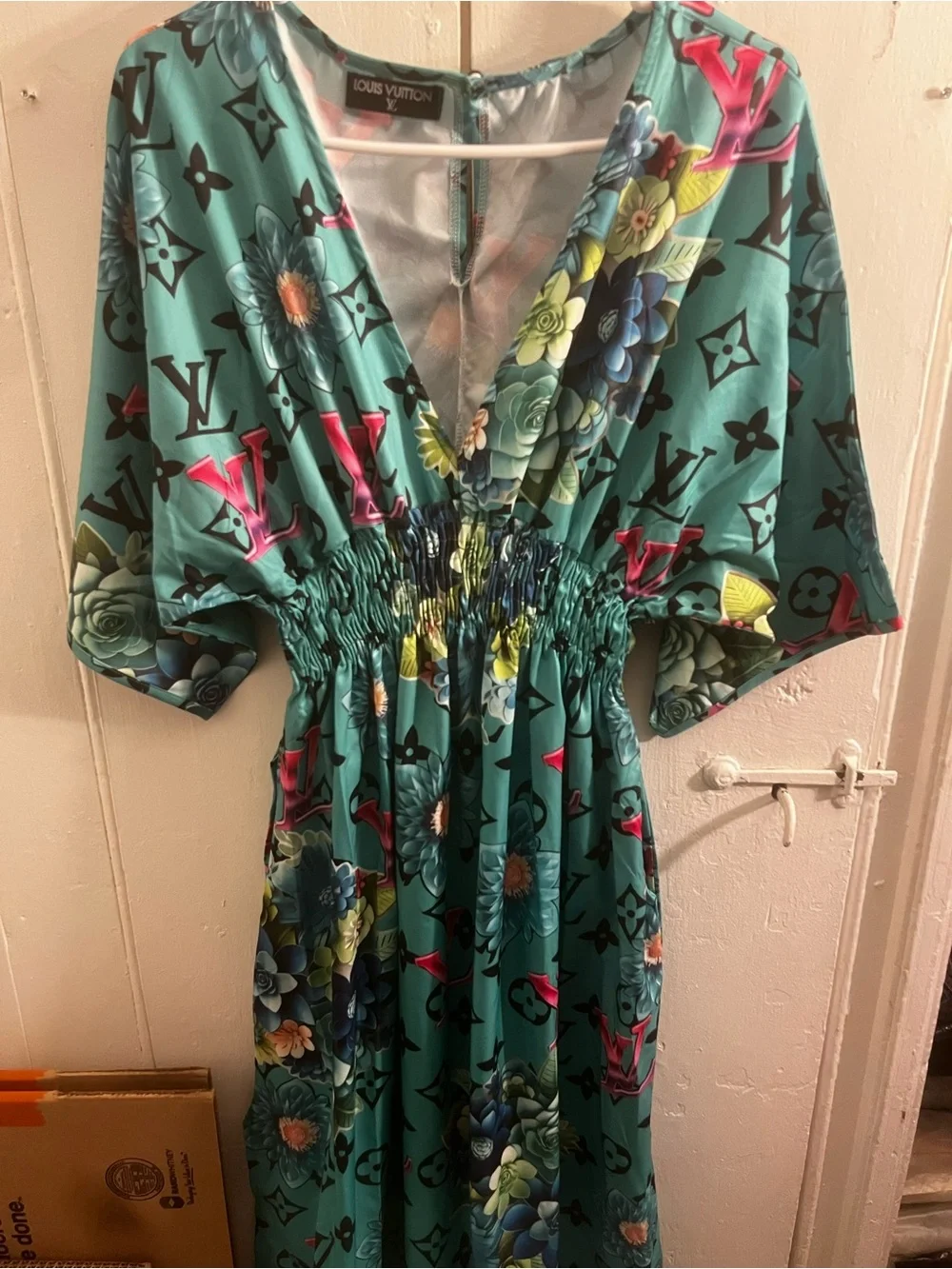 Brand New long Turquoise Floral Logo V-Neck Midi Dress